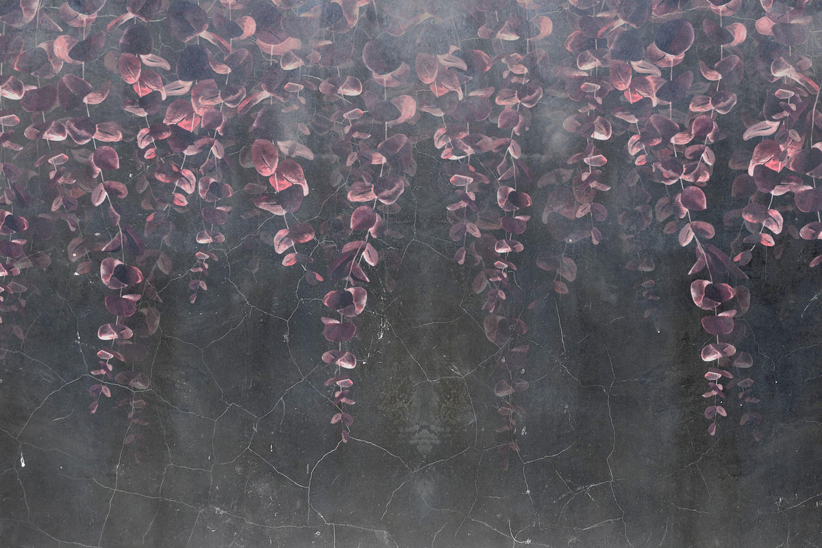 Tapet Personalizat Leaf cu frunze de eucalipt roz intr-un fundal negru de stucco crapat - TINY PURPLE LEAVES