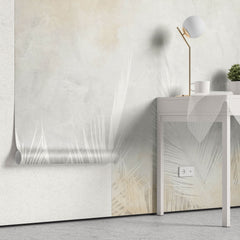 Tapet Personalizat Leaf cu frunze de palmieri albe intr-un fundal gri-piersica - PEACHY GREY PALM