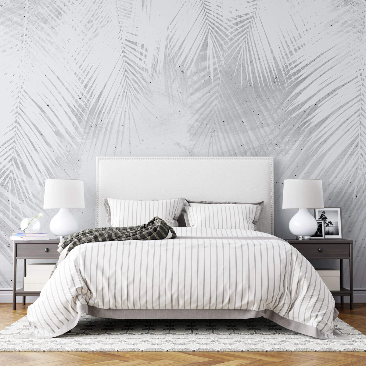 Tapet Personalizat Leaf cu frunze albe de palmier intr-un fundal gri ciment - WHITE PALM LEAVES