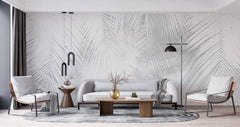 Tapet Personalizat Leaf cu frunze albe de palmier intr-un fundal gri ciment - WHITE PALM LEAVES