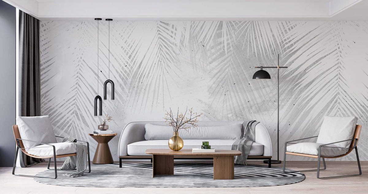 Tapet Personalizat Leaf cu frunze albe de palmier intr-un fundal gri ciment - WHITE PALM LEAVES