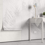 Tapet Personalizat Leaf cu frunze albe de palmier intr-un fundal gri ciment - WHITE PALM LEAVES