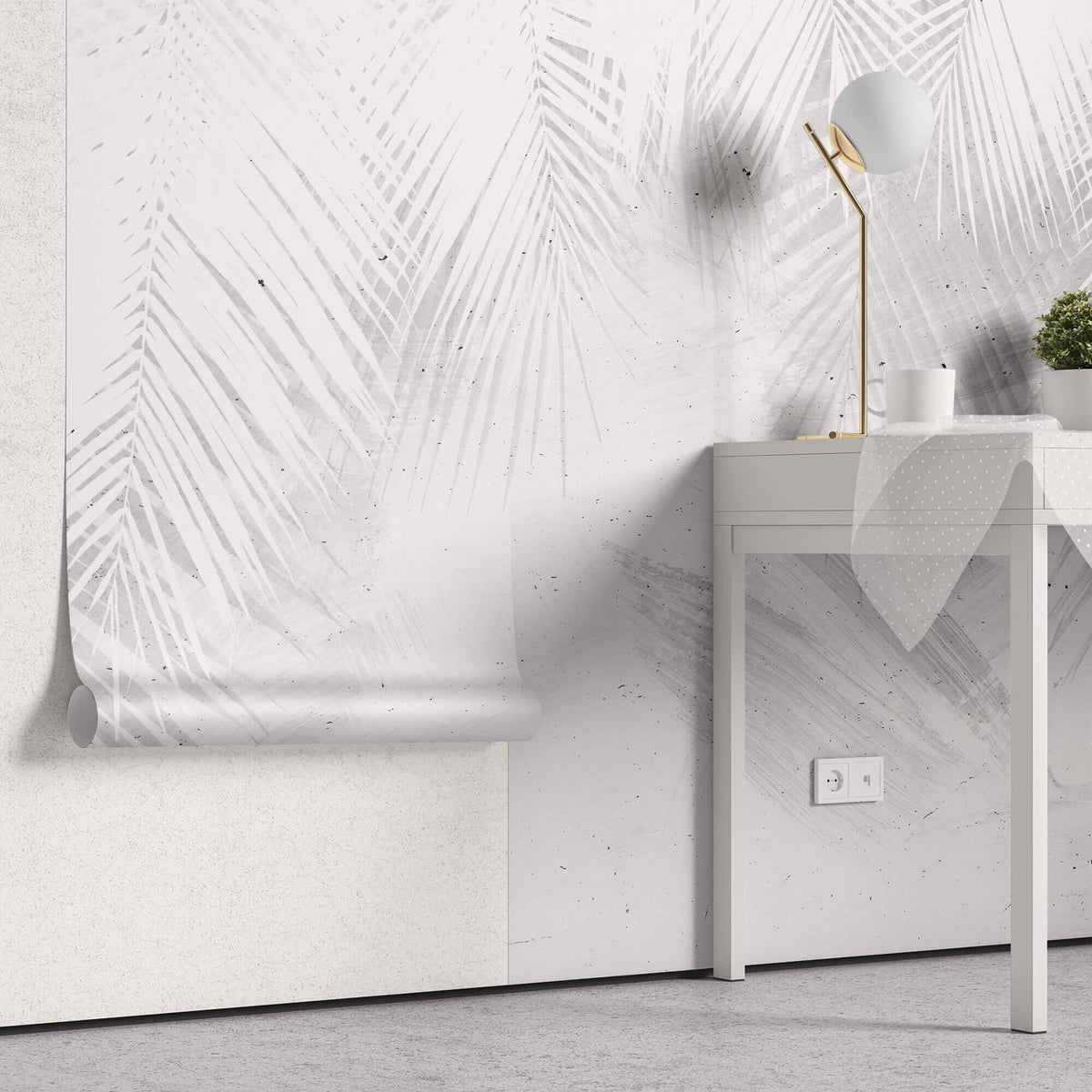 Tapet Personalizat Leaf cu frunze albe de palmier intr-un fundal gri ciment - WHITE PALM LEAVES