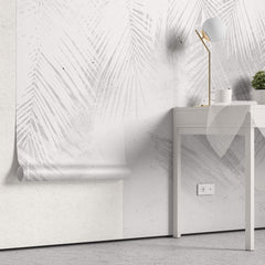 Tapet Personalizat Leaf cu frunze albe de palmier intr-un fundal gri ciment - WHITE PALM LEAVES