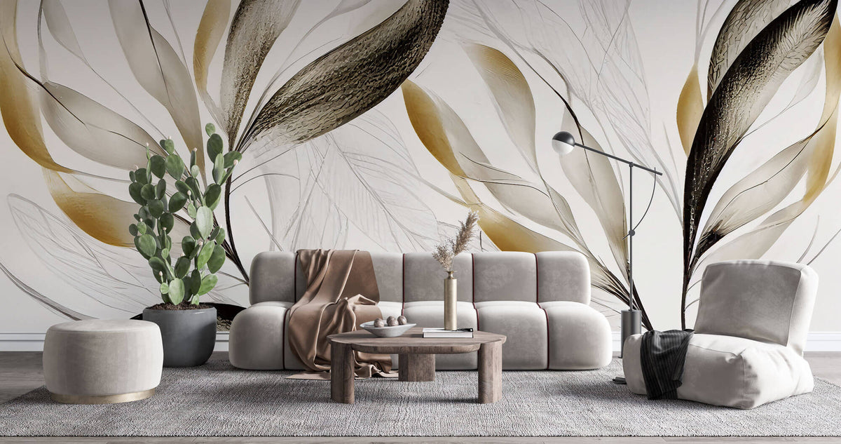 Tapet Personalizat Leaf cu frunze texturate in nuante de bej si crem - BEIGE FEATHER LEAVES I