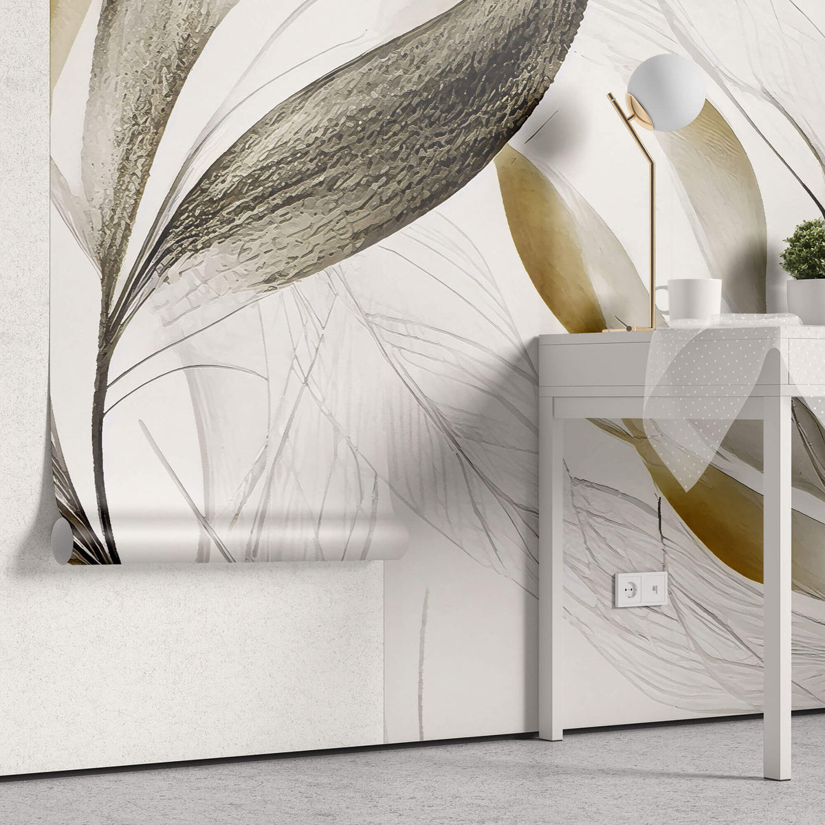 Tapet Personalizat Leaf cu frunze texturate in nuante de bej si crem - BEIGE FEATHER LEAVES I