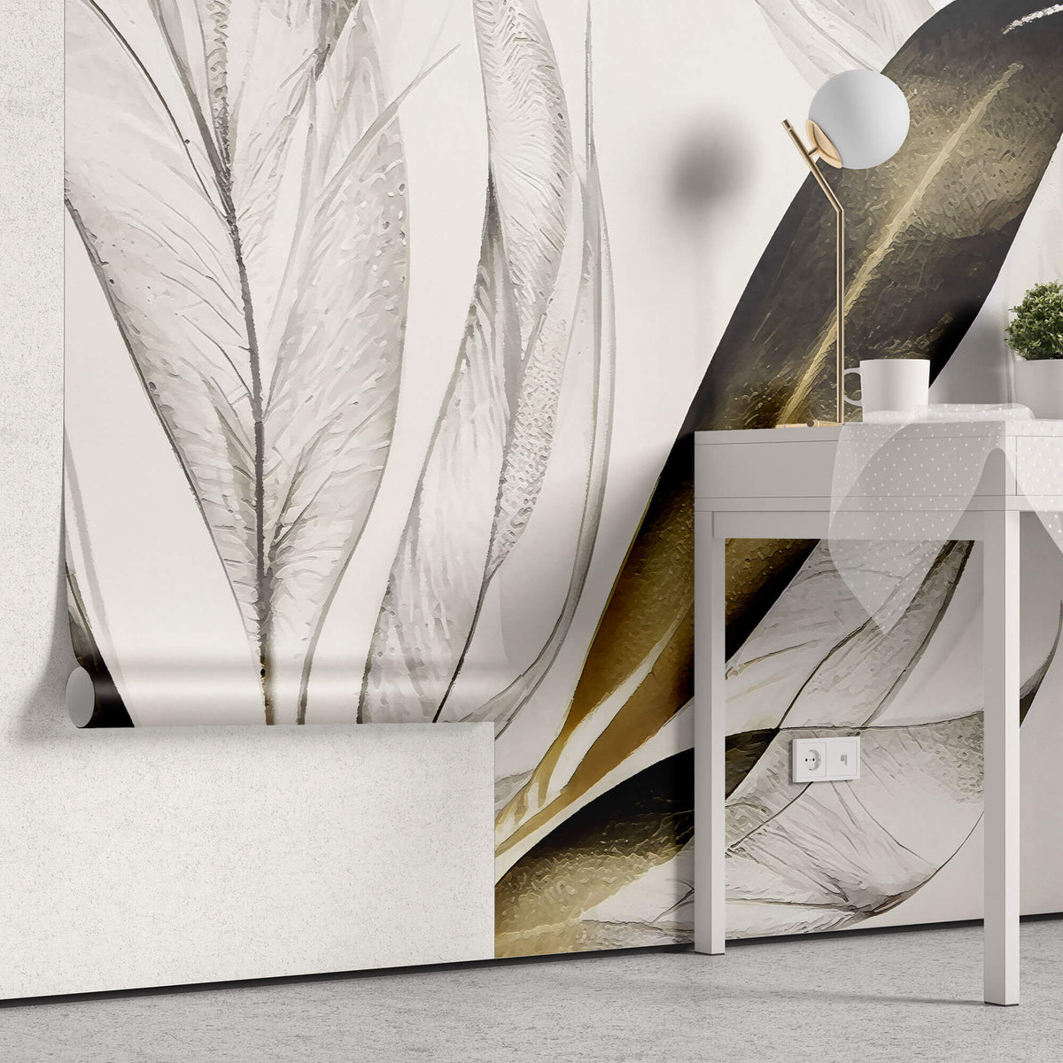 Tapet Personalizat Leaf cu frunze texturate in nuante de bej si crem - BEIGE FEATHER LEAVES II