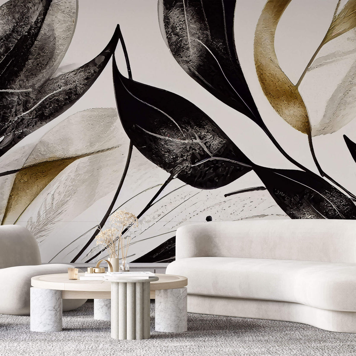 Tapet Personalizat Leaf cu frunze texturate in nuante de negru - BLACK TEXTURED LEAVES