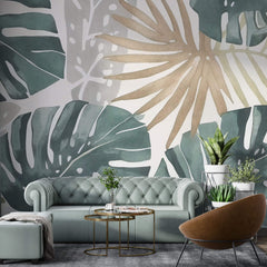 Tapet Personalizat Leaf cu frunze tropicale de monstera in nuante de verde - PAINT TEXTURED MONSTERA