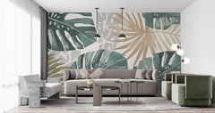 Tapet Personalizat Leaf cu frunze tropicale de monstera in nuante de verde - PAINT TEXTURED MONSTERA
