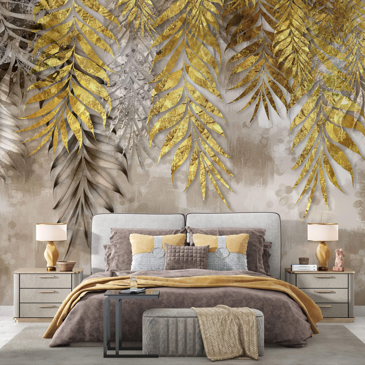 Tapet Personalizat Leaf cu frunze de palmier aurii pe un fundal texturat bej - GOLDEN FOIL LEAVES