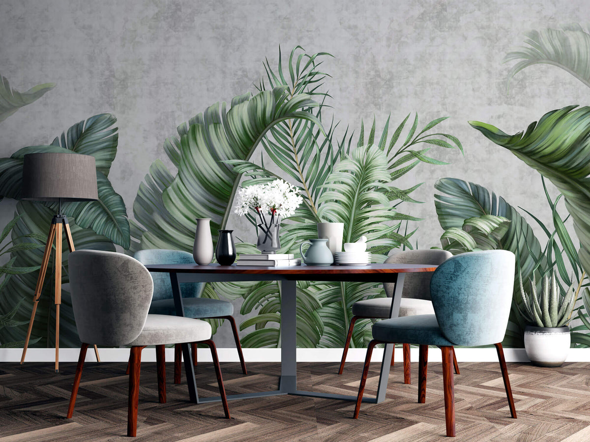 Tapet Personalizat Leaf cu frunze tropicale pe un fundal de perete cimentat - GROWING OVER