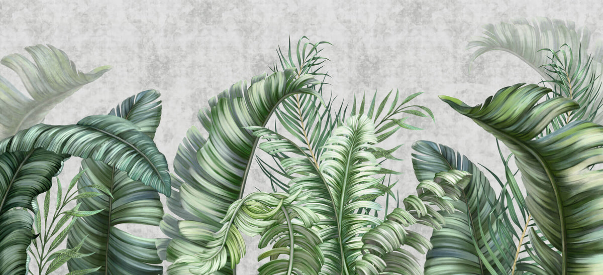 Tapet Personalizat Leaf cu frunze tropicale pe un fundal de perete cimentat - GROWING OVER