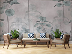 Tapet Personalizat Leaf cu palmieri tropicali in nuante de verde si gri - PALE CYAN PALMS