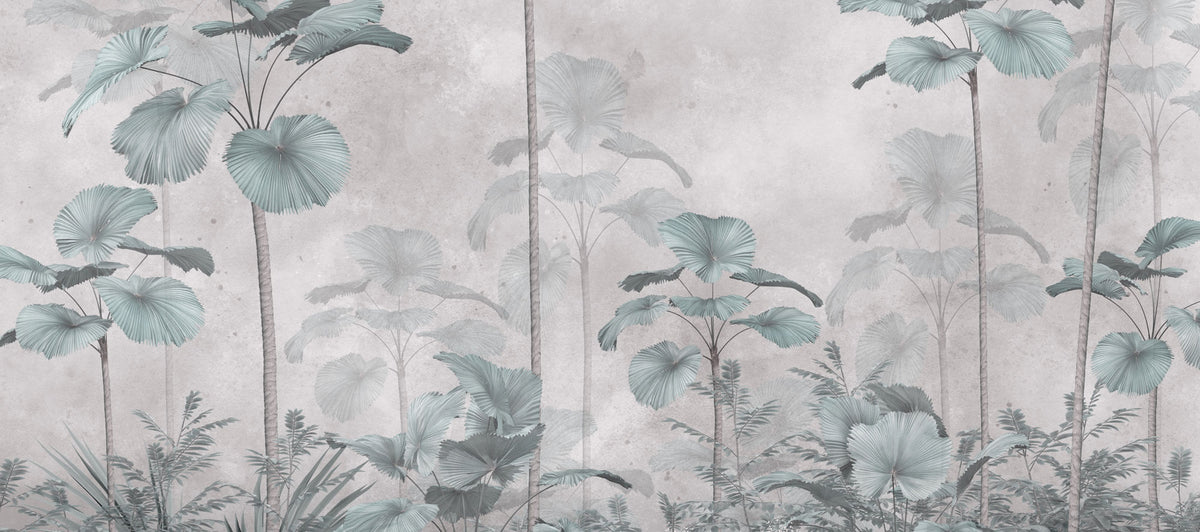 Tapet Personalizat Leaf cu palmieri tropicali in nuante de verde si gri - PALE CYAN PALMS
