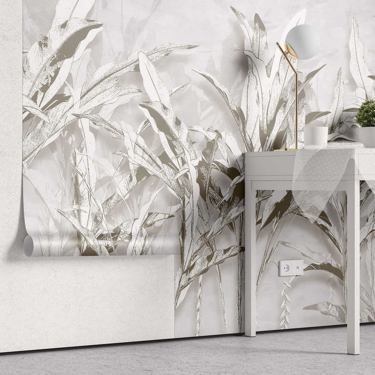Tapet Personalizat Leaf cu bananieri in nuante de gri - BEIGE LEAF COLLAGE