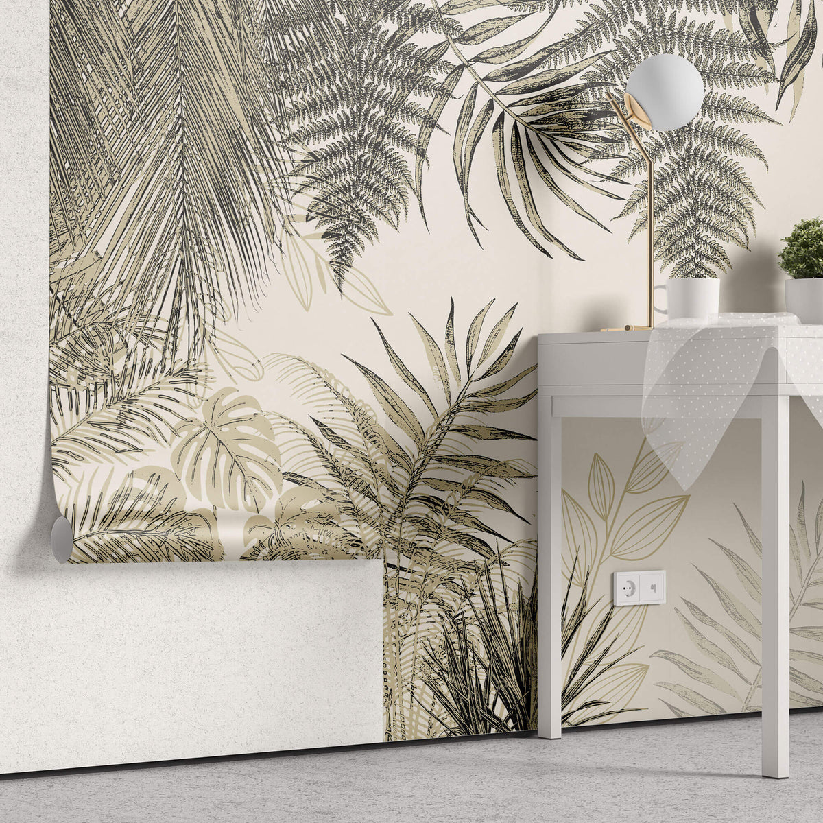 Tapet Personalizat Leaf cu plante tropicale in nuante de bej - OUTLINED LEAVES