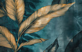 Tapet Personalizat Leaf cu frunze tropicale in nuante aramii pe un fundal turcoaz - TURQUOISE GOLD LEAF