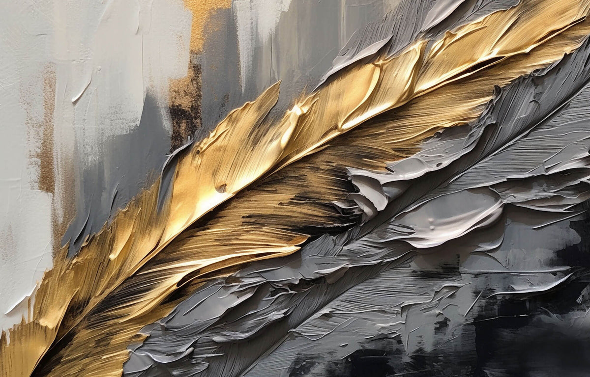 Tapet Personalizat Leaf cu pene in pictura acrilica in nuante aurii si gri - ACRYLIC GOLDEN FEATHER
