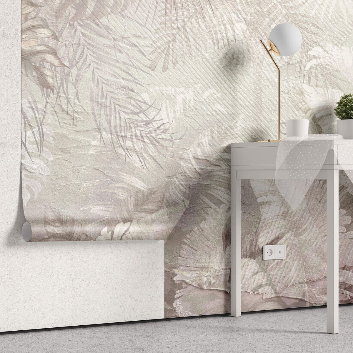 Tapet Personalizat Leaf cu textura de plaster si frunze in nuante roz pastel - PINK PLASTER LEAVES