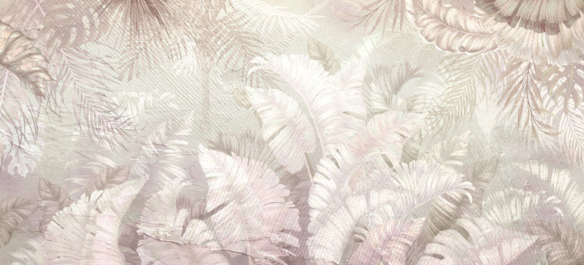 Tapet Personalizat Leaf cu textura de plaster si frunze in nuante roz pastel - PINK PLASTER LEAVES
