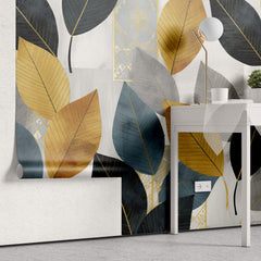 Tapet Personalizat Leaf cu frunze in nuante de galben albastru si negru - MOSAIQUE LEAVES