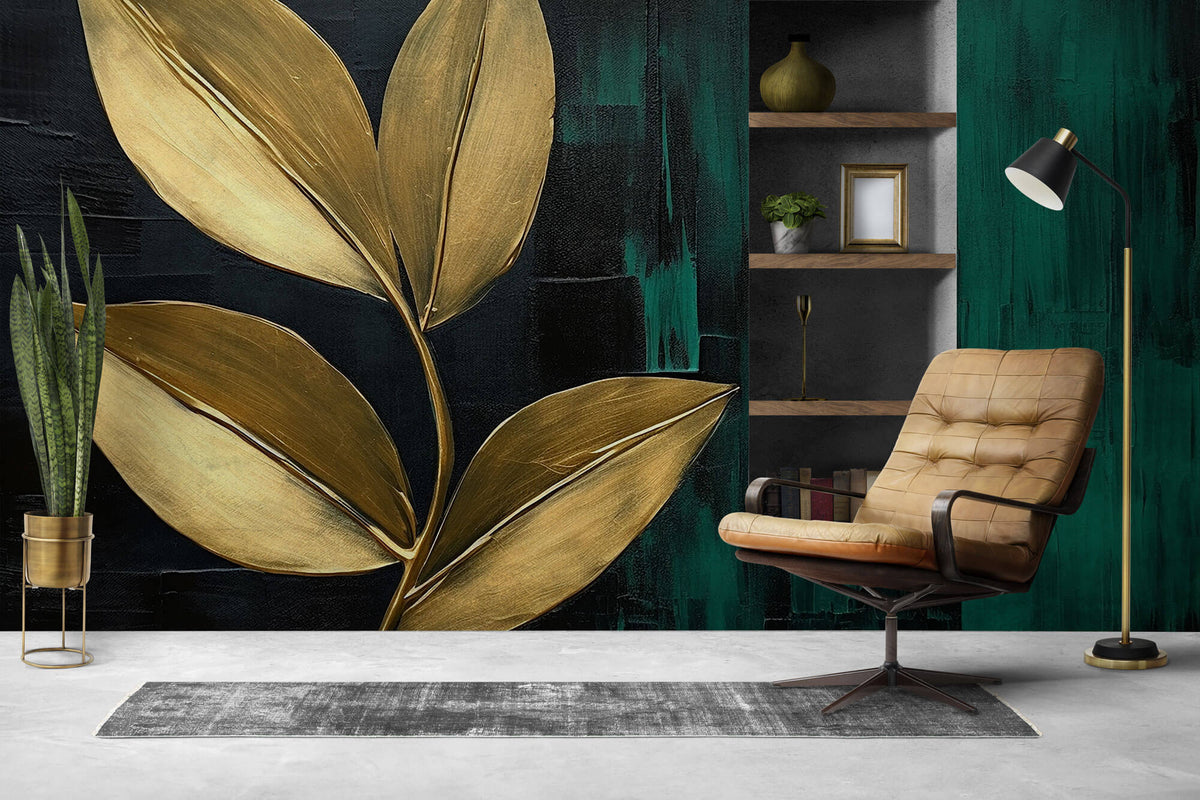 Tapet Personalizat Leaf cu frunze aurii pe un fundal acrilic pictat in nuante de verde - CANVAS PAINTED LEAVES