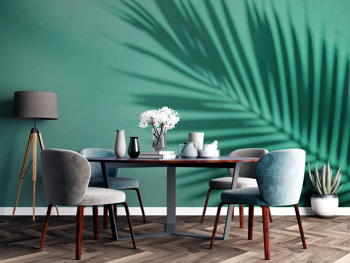 Tapet Personalizat Leaf cu umbra de frunza de palmier pe un fundal verde marin - MINTY PALM