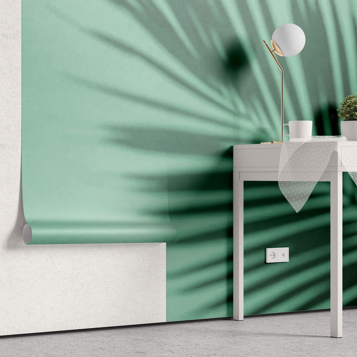 Tapet Personalizat Leaf cu umbra de frunza de palmier pe un fundal verde marin - MINTY PALM