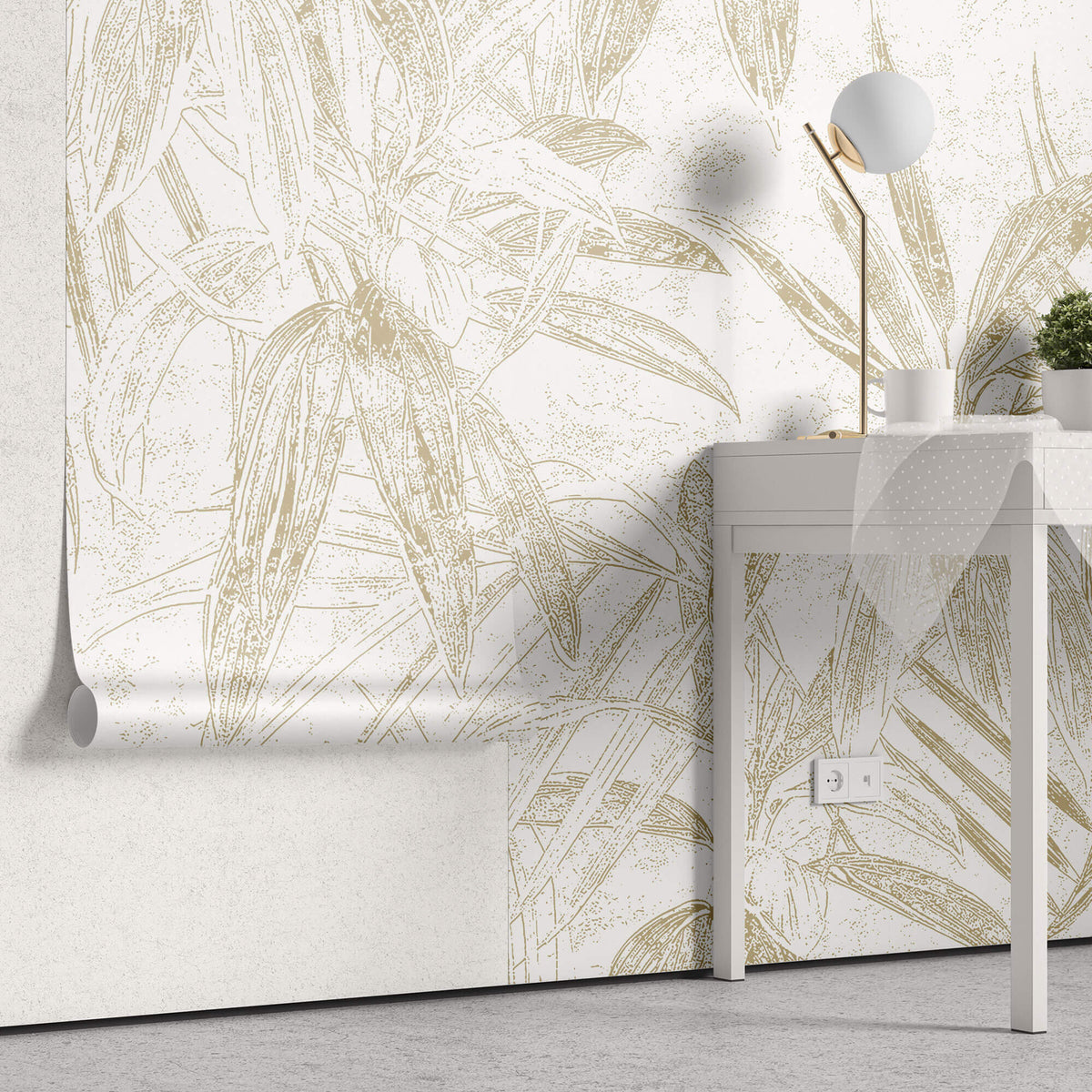 Tapet Personalizat Leaf cu frunze abstracte de bambus in nuante de bej - DOT ABSTRACT LEAVES