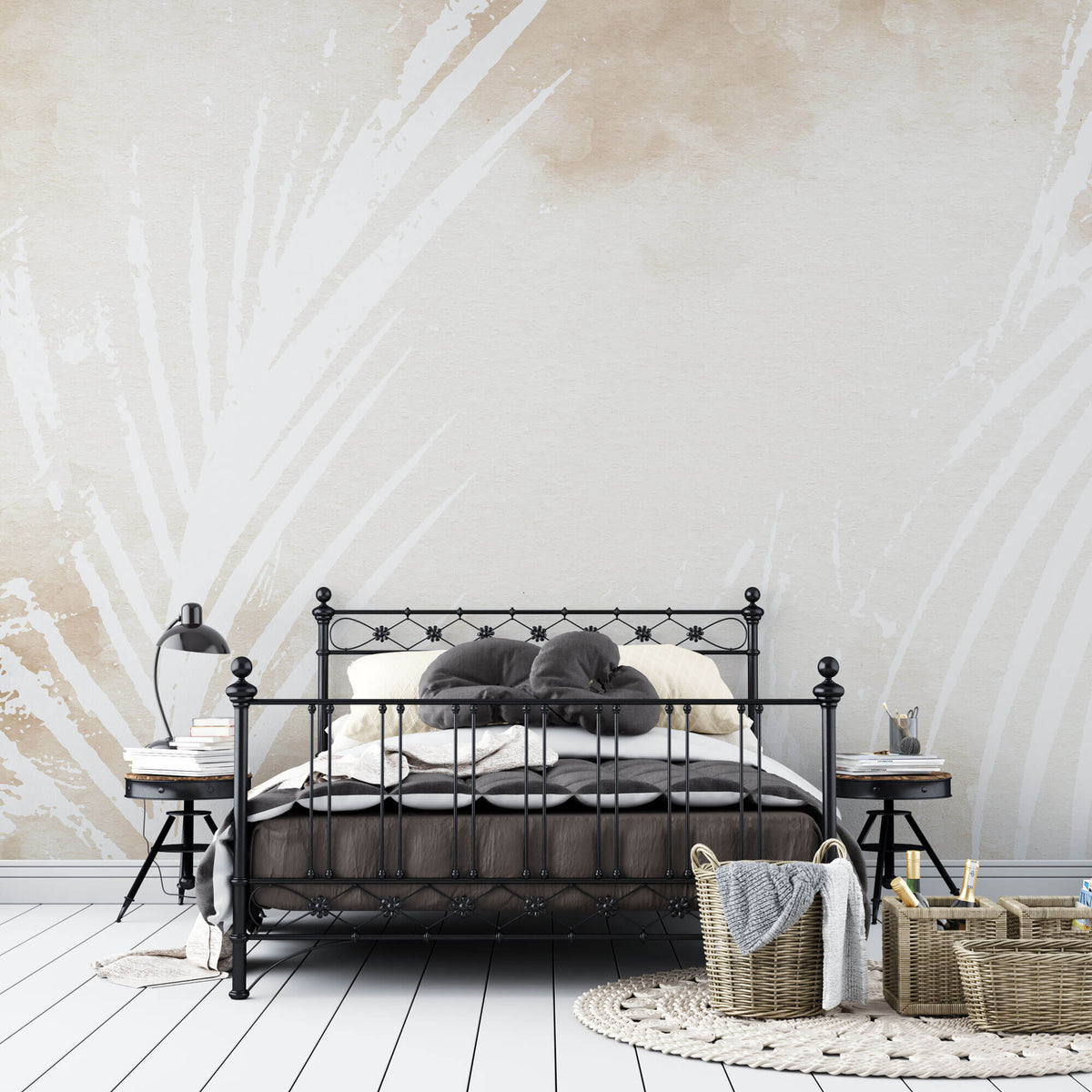 Tapet Personalizat Leaf cu frunde de palmier albe pe un fundal pastel watercolor - PEACHY WATERCOLOR PALM
