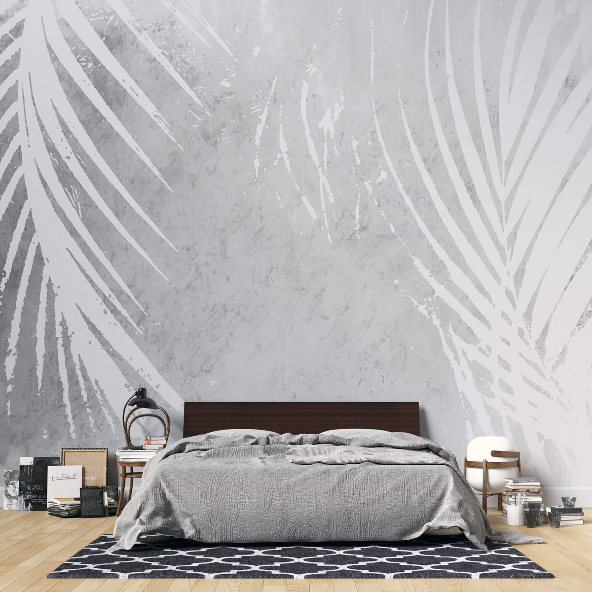 Tapet Personalizat Leaf cu frunde de palmier albe pe un fundal gri watercolor - GREY WHITE PALM