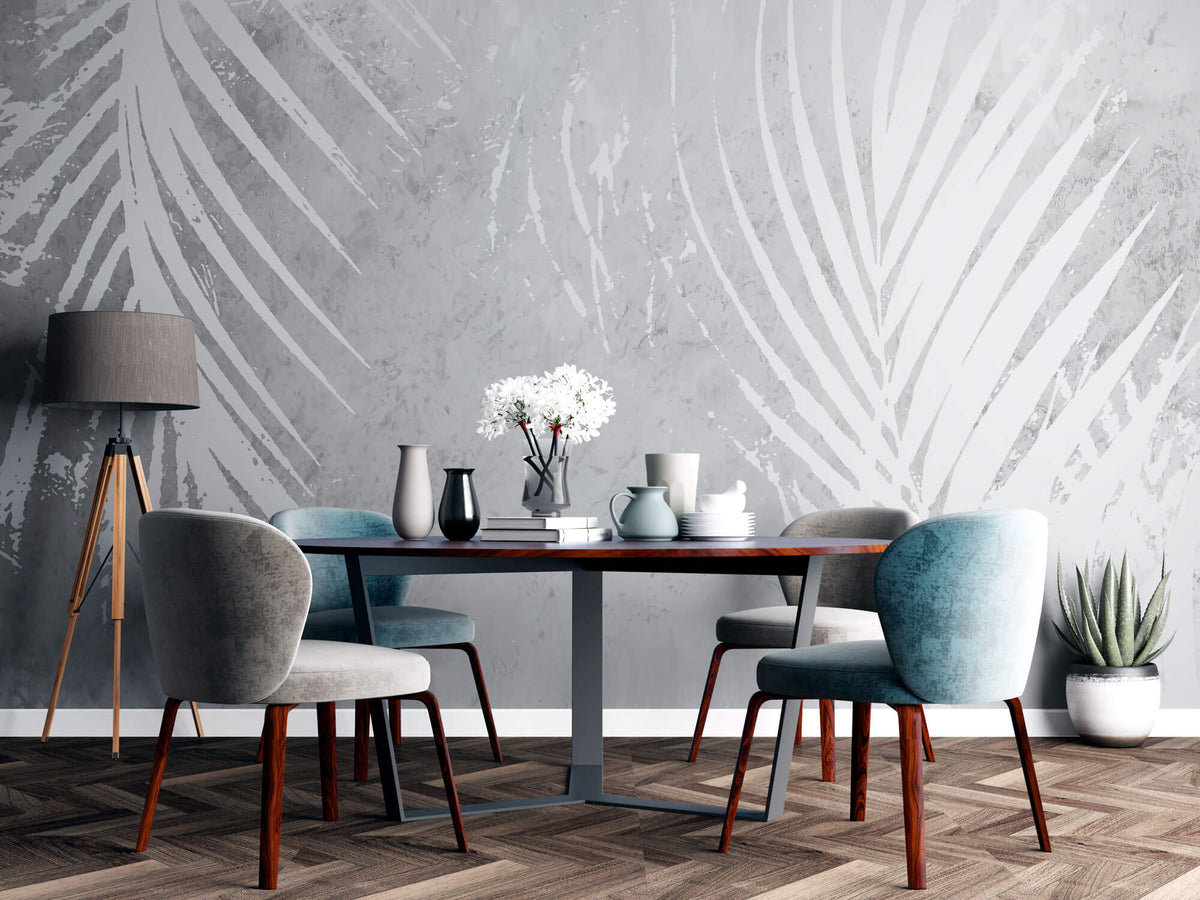 Tapet Personalizat Leaf cu frunde de palmier albe pe un fundal gri watercolor - GREY WHITE PALM