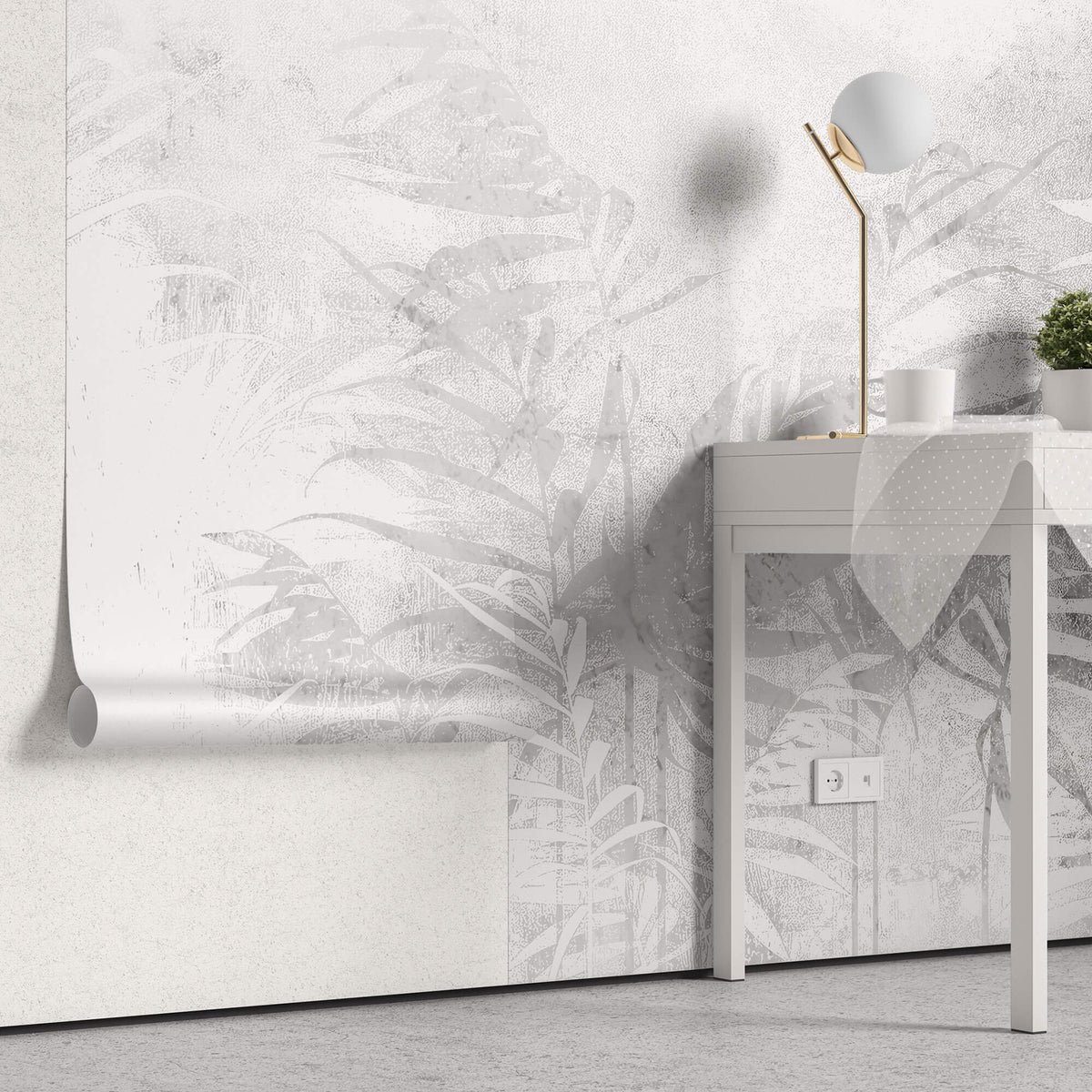 Tapet Personalizat Leaf cu plante tropicale in nuante de gri - CALM ABSTRACT BAMBOO