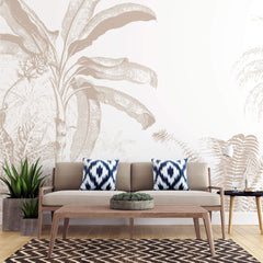Tapet Personalizat Leaf cu plante tropicale bej pe un fundal alb - TROPICAL BEIGE ABSTRACT