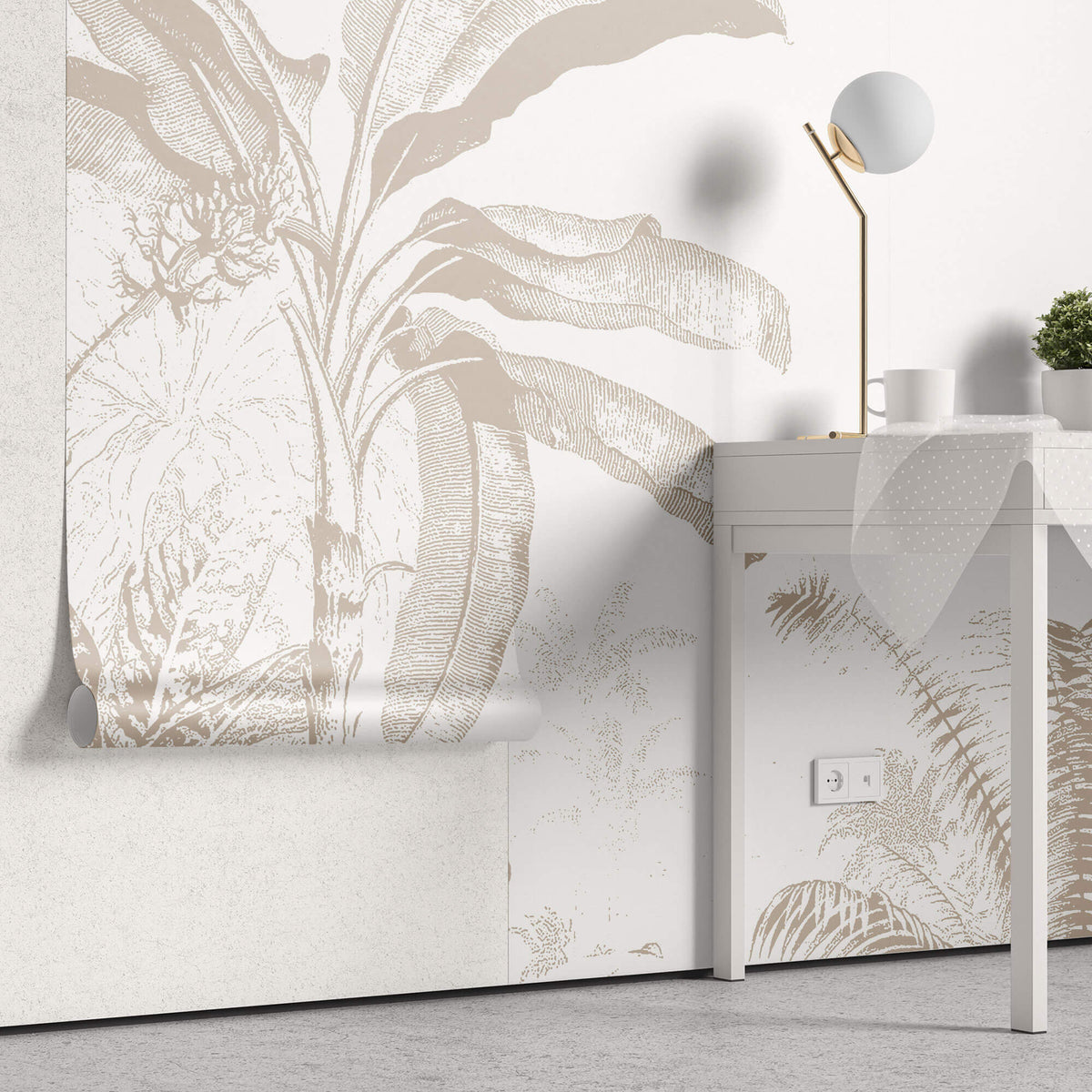 Tapet Personalizat Leaf cu plante tropicale bej pe un fundal alb - TROPICAL BEIGE ABSTRACT