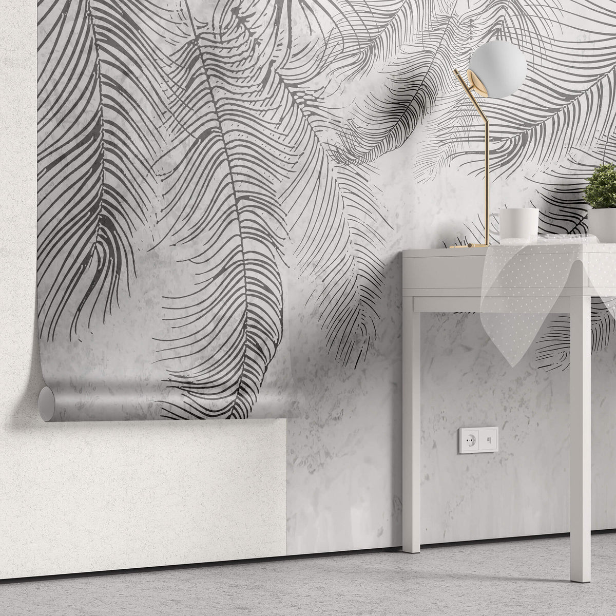 Tapet Personalizat Leaf cu frunze de palmier abstracte in nuante de gri - THIN PALM LEAVES