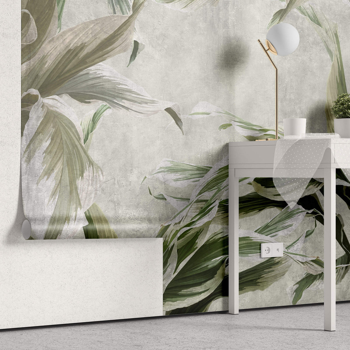 Tapet Personalizat Leaf cu plante verzi pe un fundal gri texturat - GREEN DRACAENA