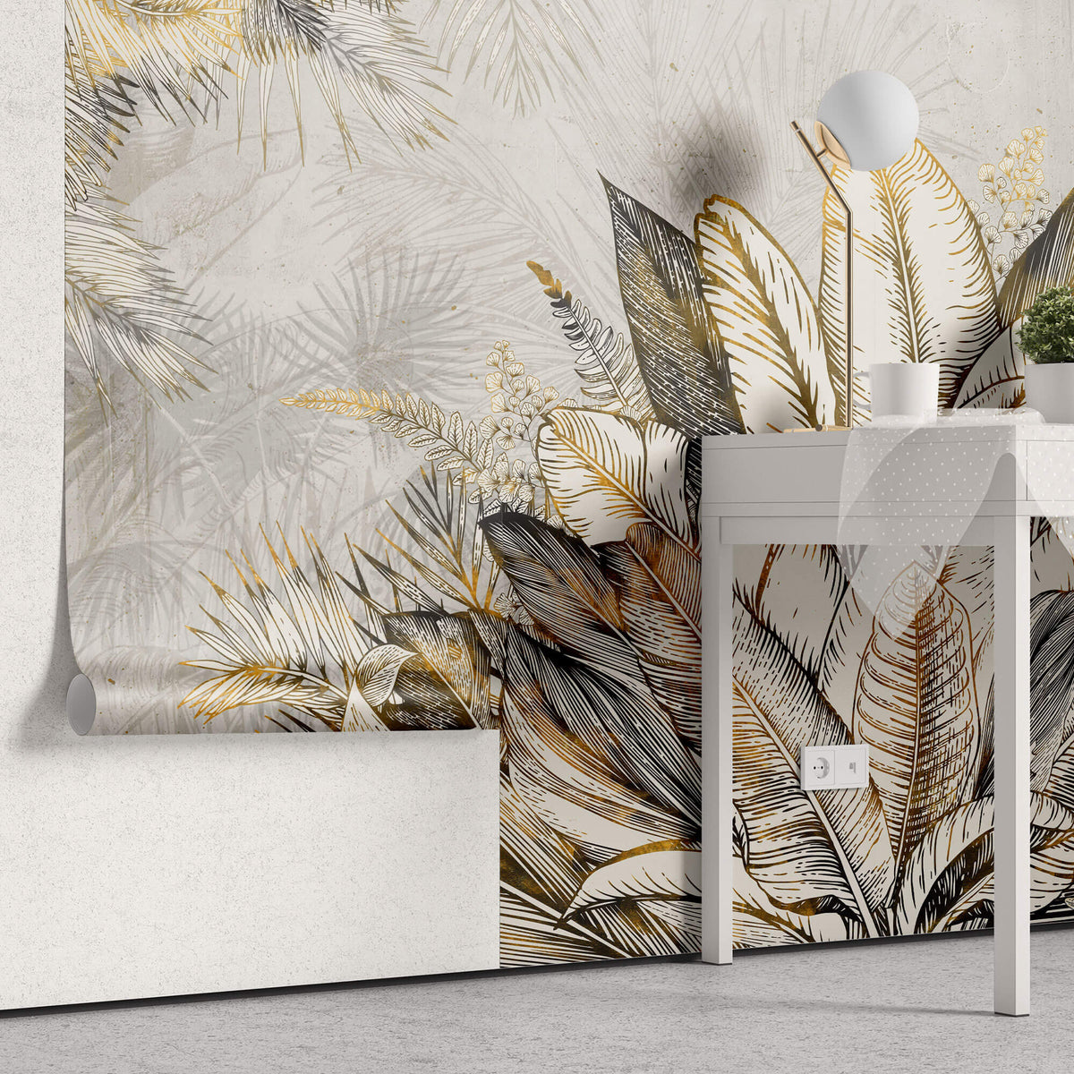 Tapet Personalizat Leaf cu plante tropicale in nuante de galben si portocaliu - FIRE TROPICAL LEAVES