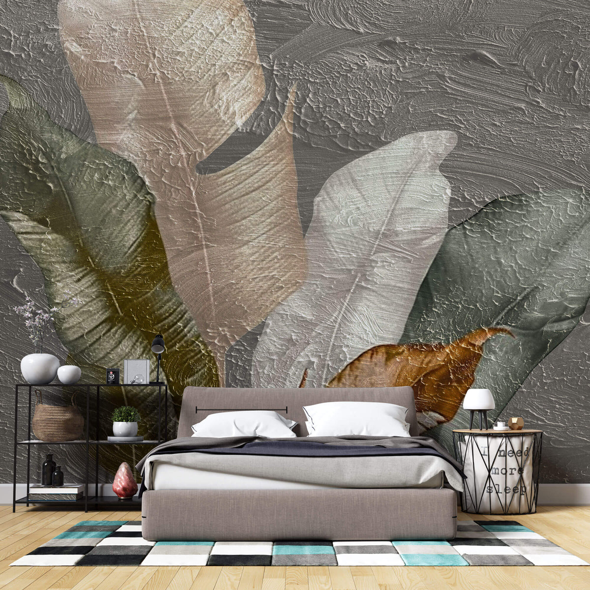 Tapet Personalizat Leaf cu pene colorate pe un fundal texturat stucco - STUCCO FEATHERS UP