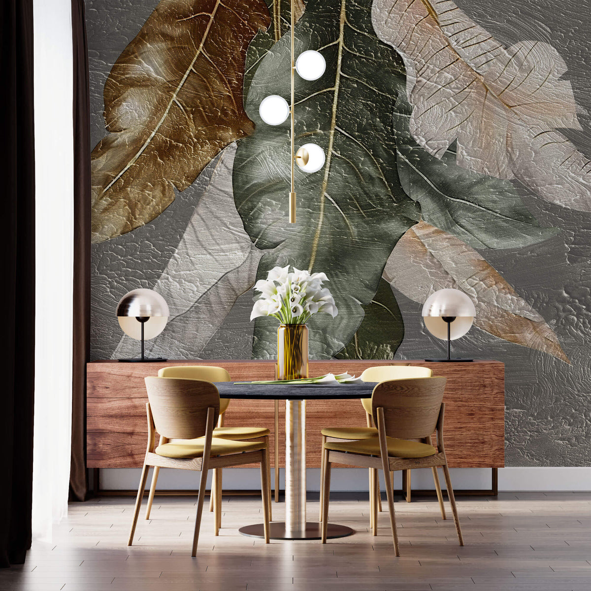 Tapet Personalizat Leaf cu pene colorate pe un fundal texturat stucco - STUCCO FEATHERS DOWN