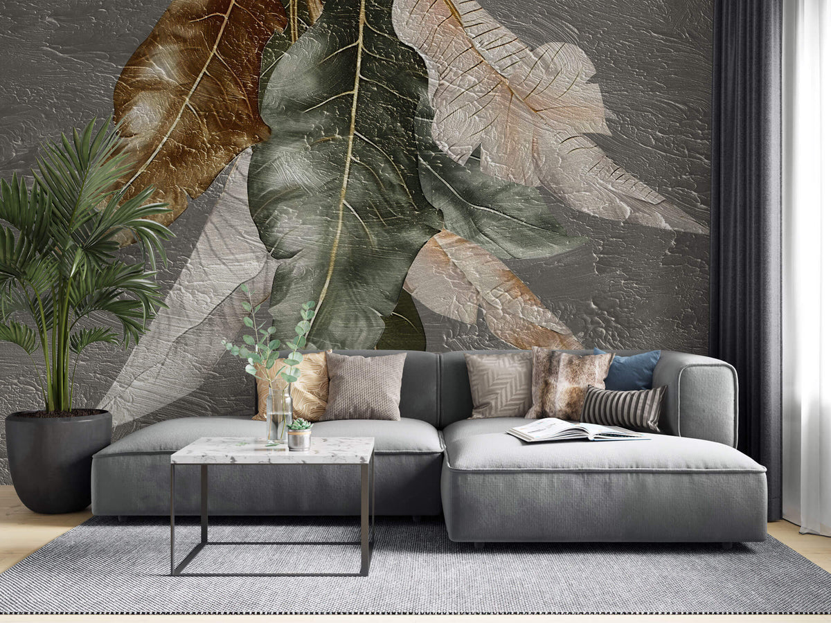Tapet Personalizat Leaf cu pene colorate pe un fundal texturat stucco - STUCCO FEATHERS DOWN