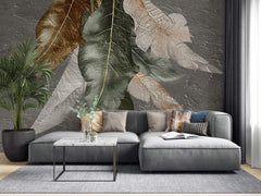 Tapet Personalizat Leaf cu pene colorate pe un fundal texturat stucco - STUCCO FEATHERS DOWN
