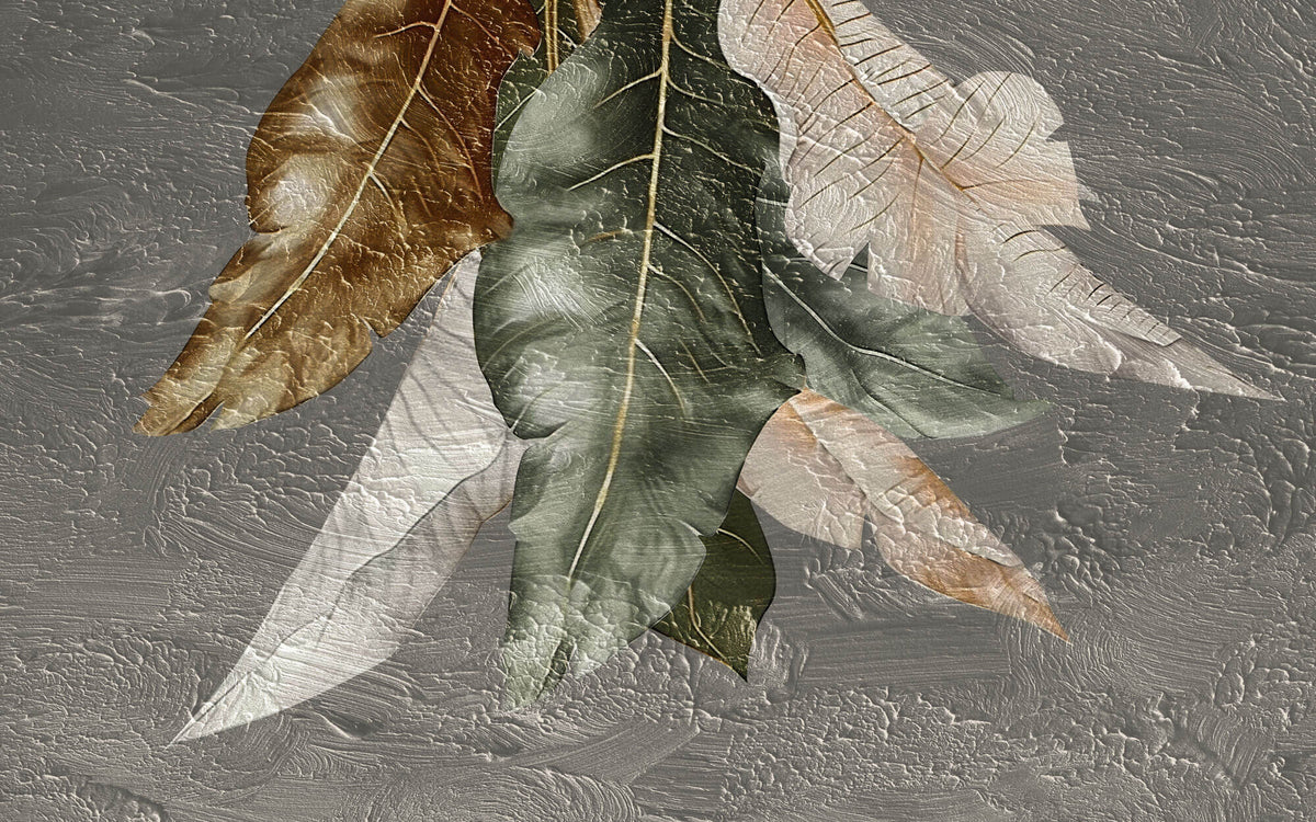 Tapet Personalizat Leaf cu pene colorate pe un fundal texturat stucco - STUCCO FEATHERS DOWN