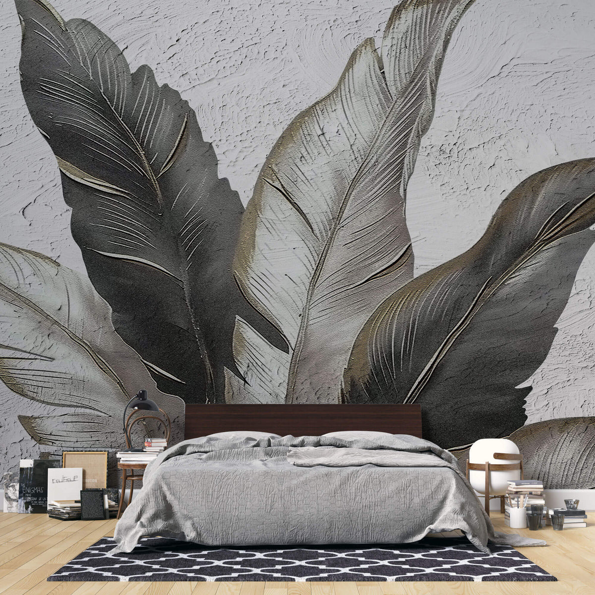 Tapet Personalizat Leaf cu pene gri si negre pe un fundal texturat stucco - ELEGANT STUCCO FEATHERS