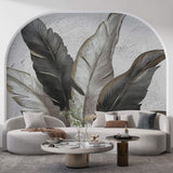 Tapet Personalizat Leaf cu pene gri si negre pe un fundal texturat stucco - ELEGANT STUCCO FEATHERS