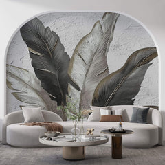 Tapet Personalizat Leaf cu pene gri si negre pe un fundal texturat stucco - ELEGANT STUCCO FEATHERS