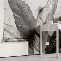Tapet Personalizat Leaf cu pene gri si negre pe un fundal texturat stucco - ELEGANT STUCCO FEATHERS