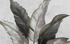 Tapet Personalizat Leaf cu pene gri si negre pe un fundal texturat stucco - ELEGANT STUCCO FEATHERS