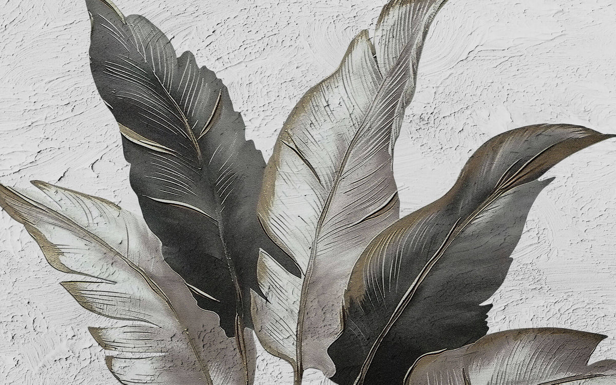 Tapet Personalizat Leaf cu pene gri si negre pe un fundal texturat stucco - ELEGANT STUCCO FEATHERS